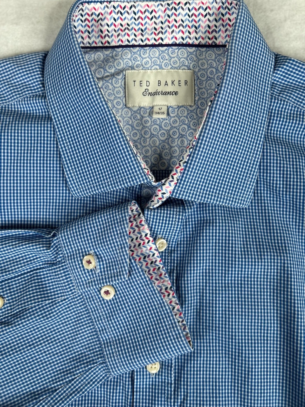 Ted Baker Endurance Dress Shirt Mens 17 34/35 Blue Paisley Flip Cuff Check Print